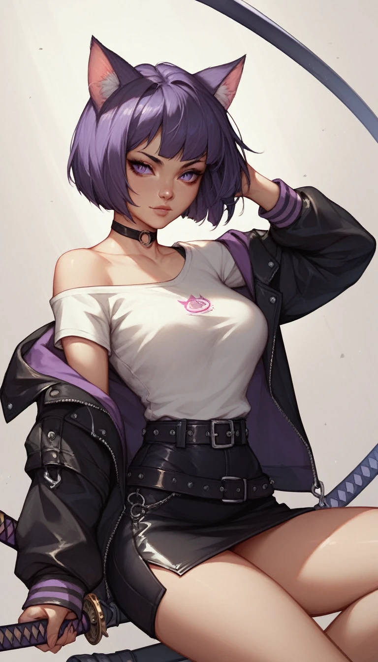 purple silver bob cut, cat ears, purple eye, White Shirts, put on a off shoulder black open hoodie, black slit skirt, leather belt, katana, 