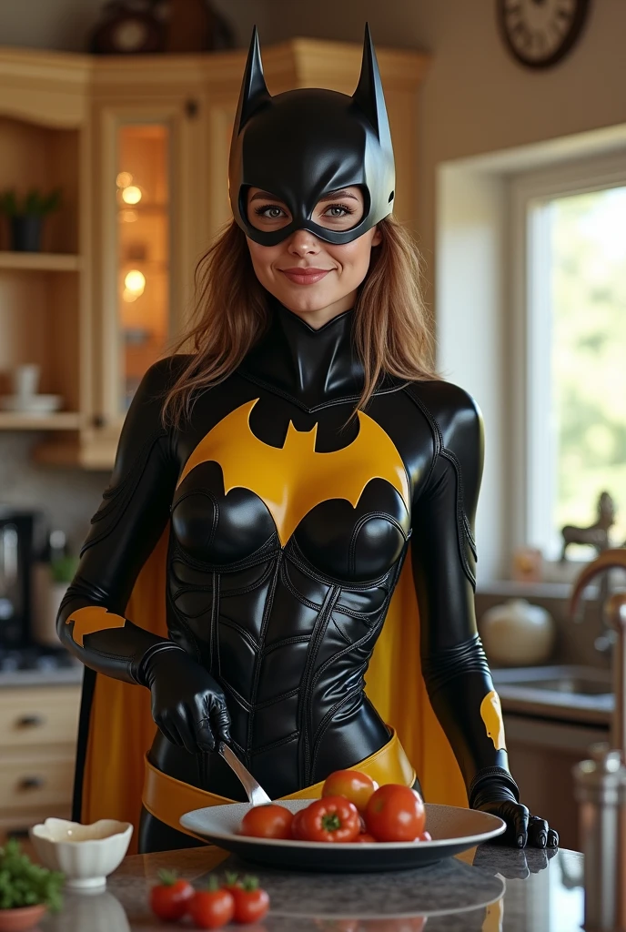 A stunningly beautiful Batgirl taking a selfie in her apartment. She has striking facial features, with a confident smile and expressive eyes. The background shows a modern and stylish apartment with subtle, cinematic lighting that enhances her features. She is wearing her iconic Batgirl suit, but without the mask, revealing her long hair cascading over her shoulders. The overall mood of the image is casual and relaxed, captured with a cinematic quality that adds depth and richness to the scene as she takes the selfie with her phone.