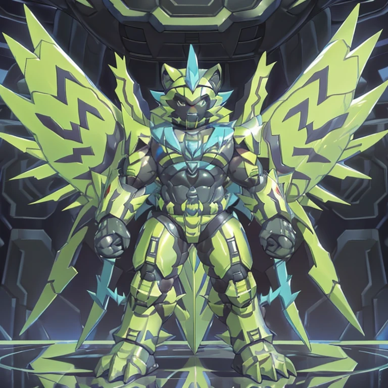 (zeraora, 8K), (zeraora's giant robot, Powered exoskeleton with the same design as zeraora), (Masterpiece, highres) (Detailed head, Detailed Body, Detailed abs, full body) (gigantic muscles, Gigachad Muscular, big muscle, pecs, triceps, traps, unusually developed muscular body, body full of huge muscles. showing off muscles, pectorales enormes, Exaggeratedly huge muscles.) (nj5furry, The claws are sharp, Sharp teeth, sharp claws), (long legs), (Spread wings, It has wings, have big wings, golden wings), (It has wings, whole body shines like metal, Wearing cyberpunk mecha, emphasizes the muscles, suit fully made of metal, intricate armor, Robotic suit, suit fully made of metal, cyborg. golden armor), (golden hyper penis), menacing pose, no face. wearing a full-face helmet. 