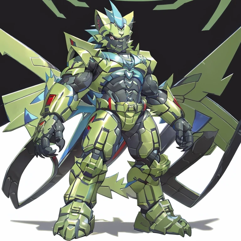 (zeraora, 8K), (zeraora's giant robot, Powered exoskeleton with the same design as zeraora), (Masterpiece, highres) (Detailed head, Detailed Body, Detailed abs, full body) (gigantic muscles, Gigachad Muscular, big muscle, pecs, triceps, traps, unusually developed muscular body, body full of huge muscles. showing off muscles, pectorales enormes, Exaggeratedly huge muscles.) (nj5furry, The claws are sharp, Sharp teeth, sharp claws), (long legs), (Spread wings, It has wings, have big wings, golden wings), (It has wings, whole body shines like metal, Wearing cyberpunk mecha, emphasizes the muscles, suit fully made of metal, intricate armor, Robotic suit, suit fully made of metal, cyborg. golden armor), (golden hyper penis), menacing pose, no face. wearing a full-face helmet. 