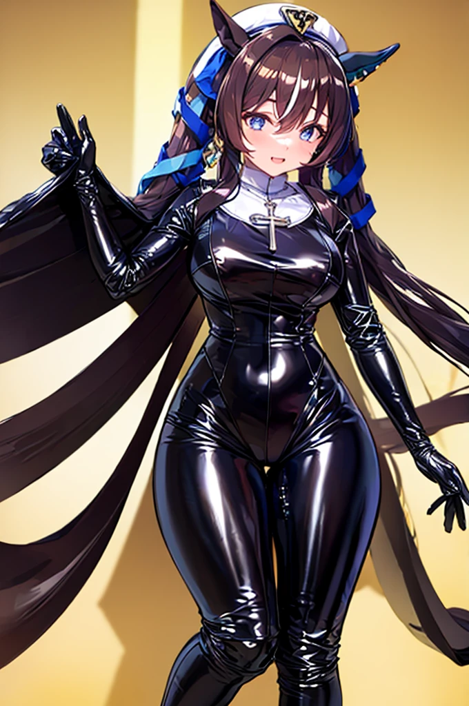 ((masterpiece)),((Best Quality)), One Girl, Alone, from the front, View your viewers, vivlos \(Uma Musume\), latex,rebellion, (nun),(cross necklace), latex bodysuit, shiny clothes, Light-reflecting clothing, skin tight, habit, latex gloves,black bodysuit,thigh boots, Brown Hair,Long Hair,hat,Twin tails, ((Very large breasts)),(Very thick legs)