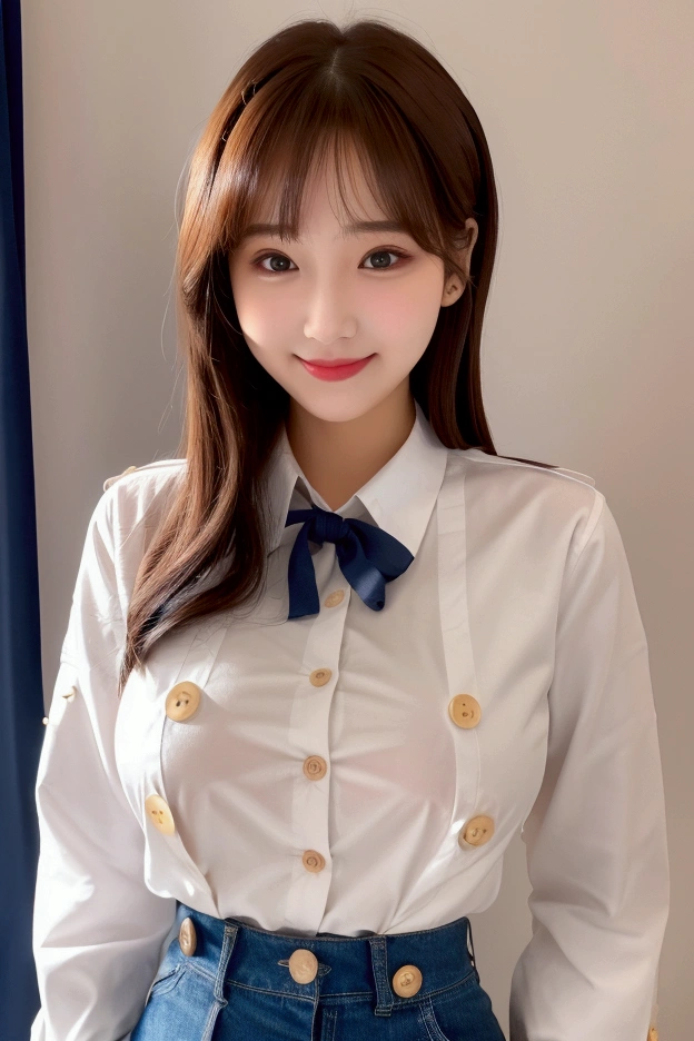 Enhanced Dynamic Perspective，Cute pretty beautiful girl，JK Uniform，Lower Breast, Look at me and smile，Simple Background，Masterpieces，high quality，4K resolution，Ultra-fine，More about pubic hair，Accurate，Cinema Lighting，Keep the original face proportions、(Big ample breasts)、((Button Gap))、Splash