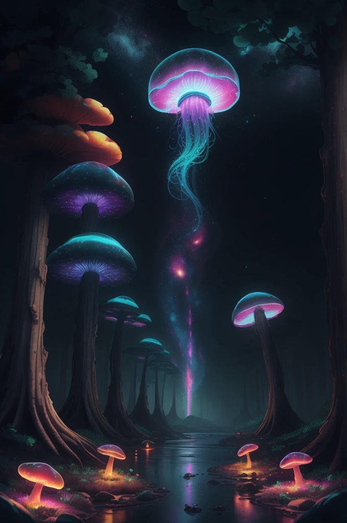 jellyfish swimming in a pine forest with magic mushrooms, starry sky and nebulae, digital art, psychedelic theme, vivid colors, saturated colors