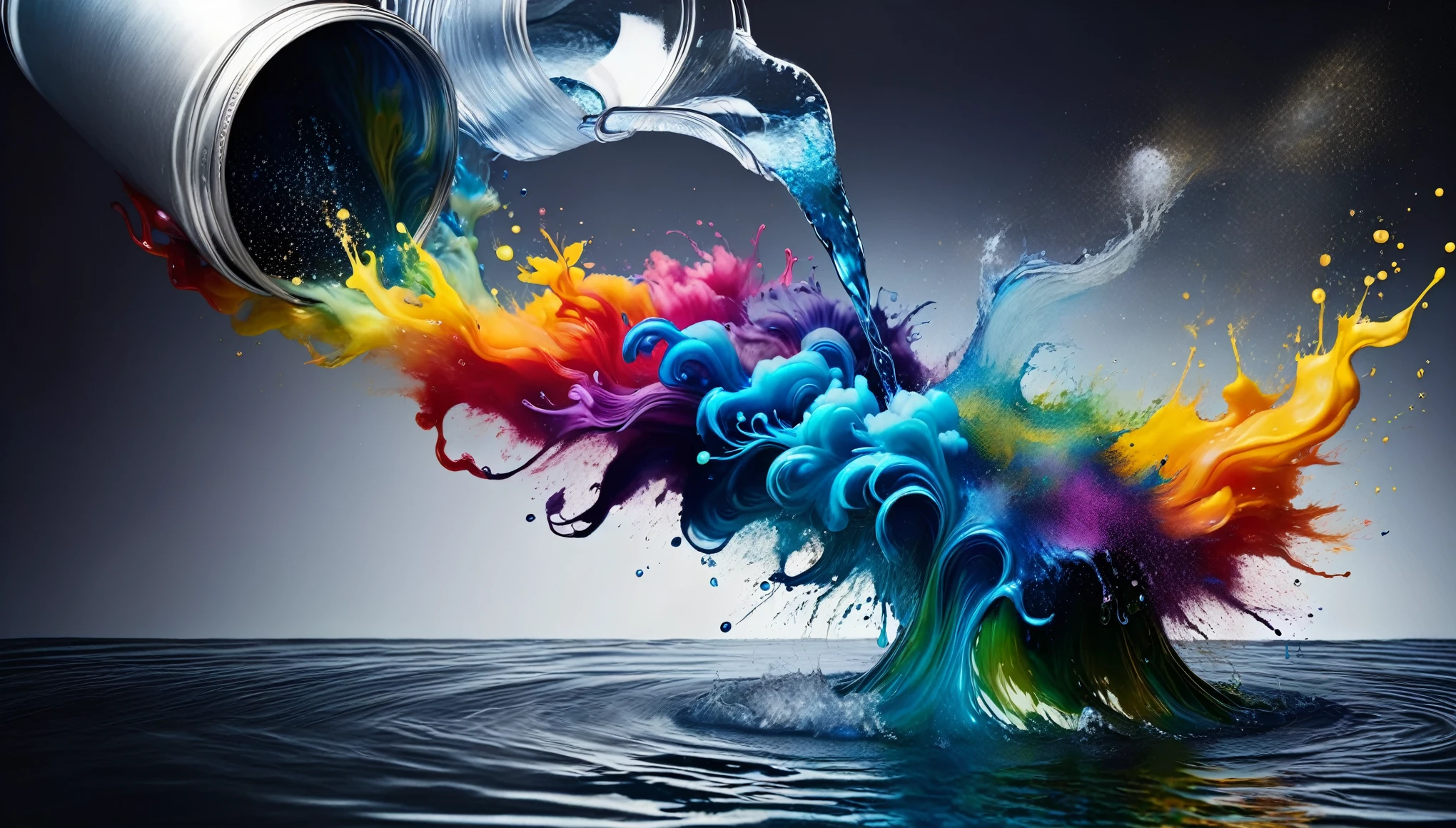 Photographed for pouring paint containing metallic elements into water