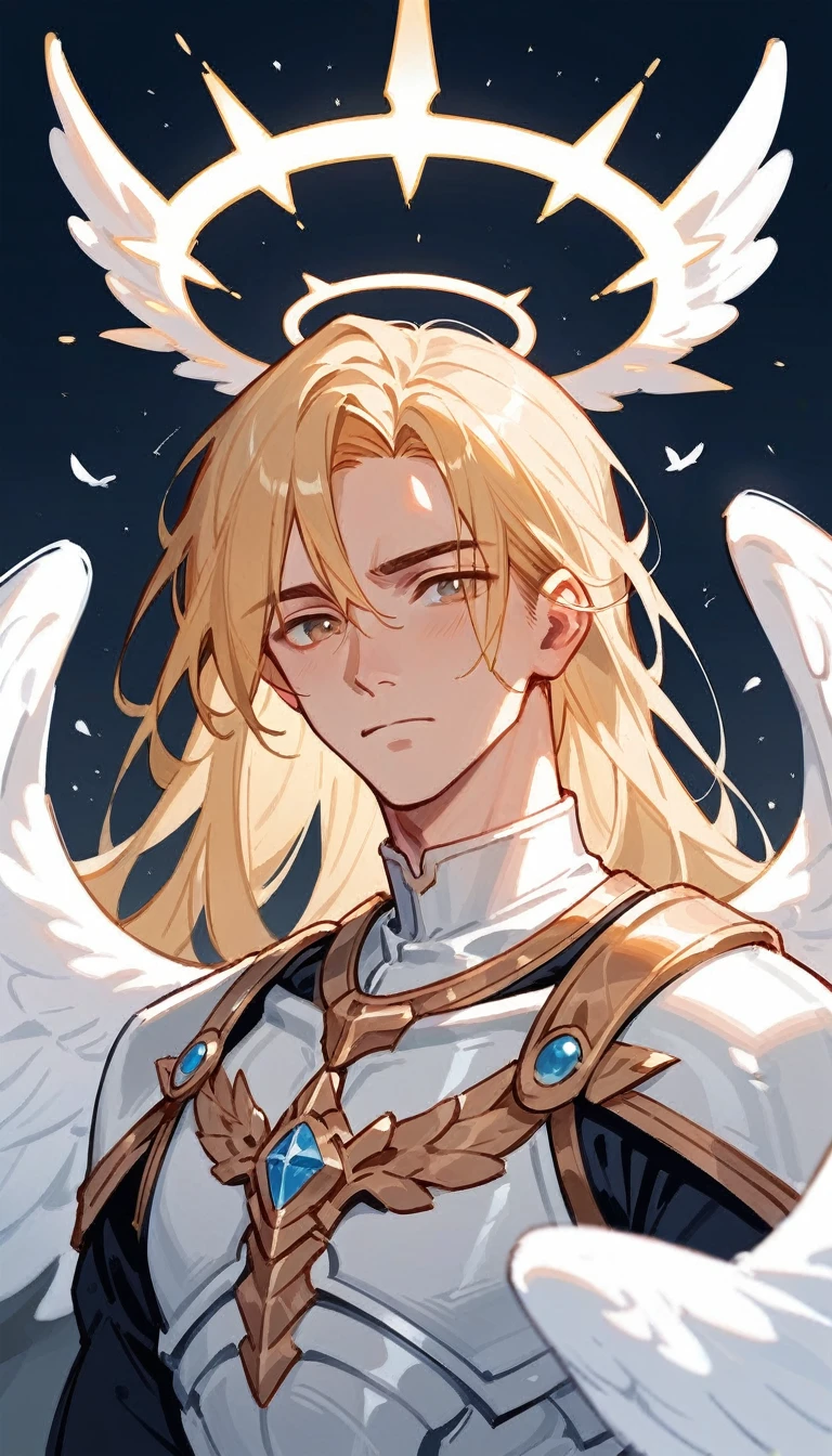 1 man, solo, archangel, white golden hair, white armor, angelic, white halo, feathered wings, pale, calm expression, handsome, powerful pencil sketch, portrait