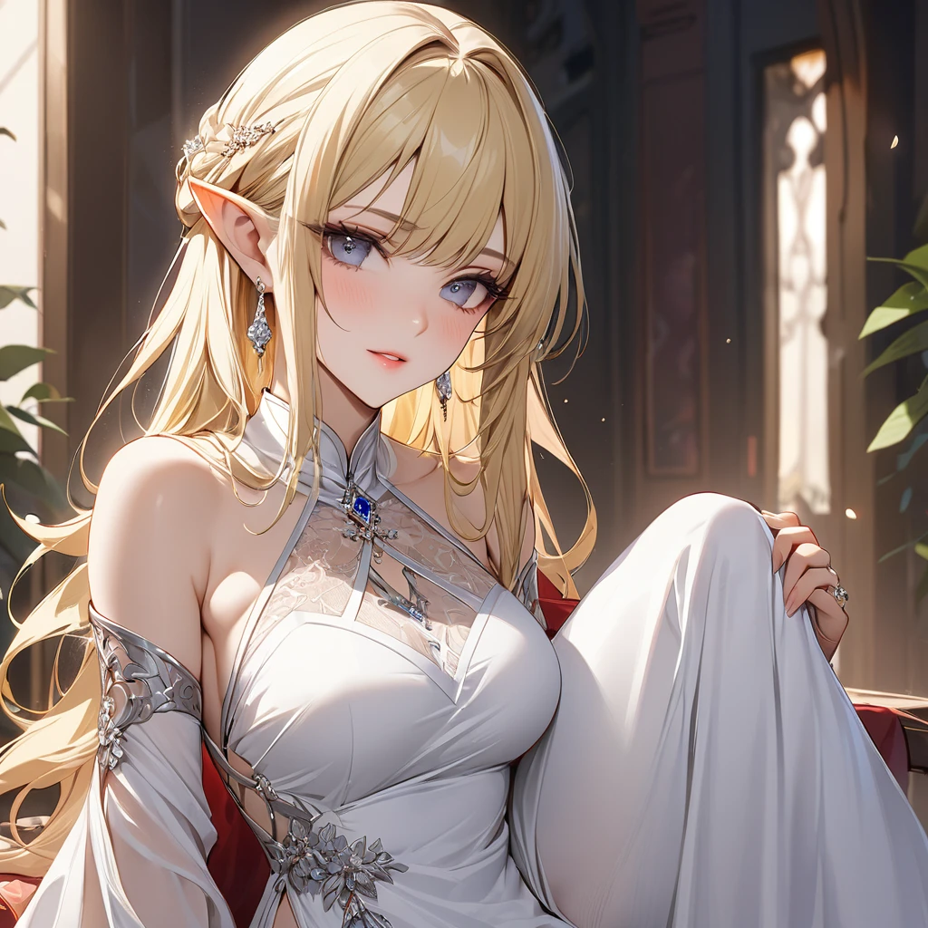 ((Best Quality)), ((masterpiece)), (detailed), （Perfect Face）、The woman was Seras Ashlain, a high elf with medium-long blonde hair, wearing a long-slit ao dai, gorgeous jewelry and an engagement ring.