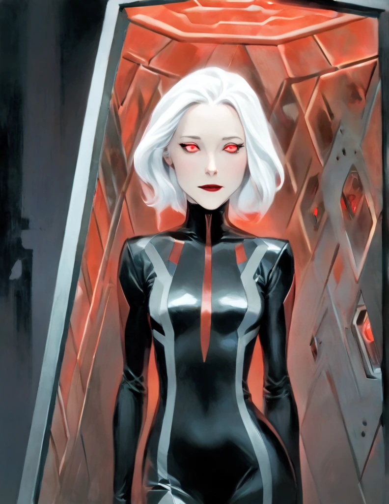 Pale Middle aged white haired Woman wearing a black sci-fi body suit. She has a calm dead pan expression. She is laying inside a geometric scifi coffin that glows red. The room is very dark with the only light coming from her coffin. Yhe whites of her eyes are black