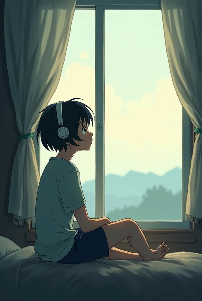 A black-haired girl,Listen to music with headphones on，With eyes closed. sitting on a window sill, She sat with her back to the window，. 