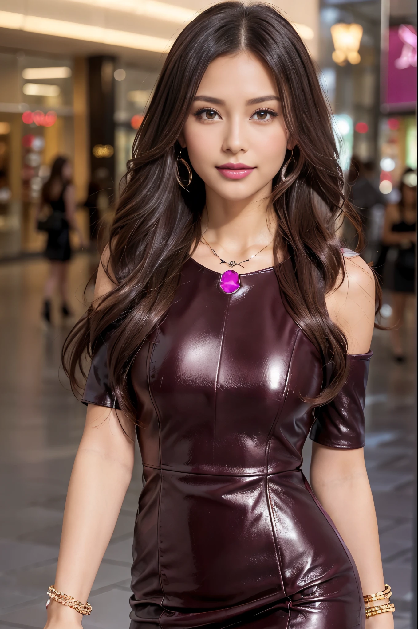 sexy canadian model, small breasts, beautiful smile, lipgloss, dramatic makeup, closeup photo, (sparkling large necklace), (sparkling large bracelets), day scene, large shopping mall background, gyaru, long dark mahogany flowing hair, ((business style fuchsia leather dress), sweet and sexy, seductive look