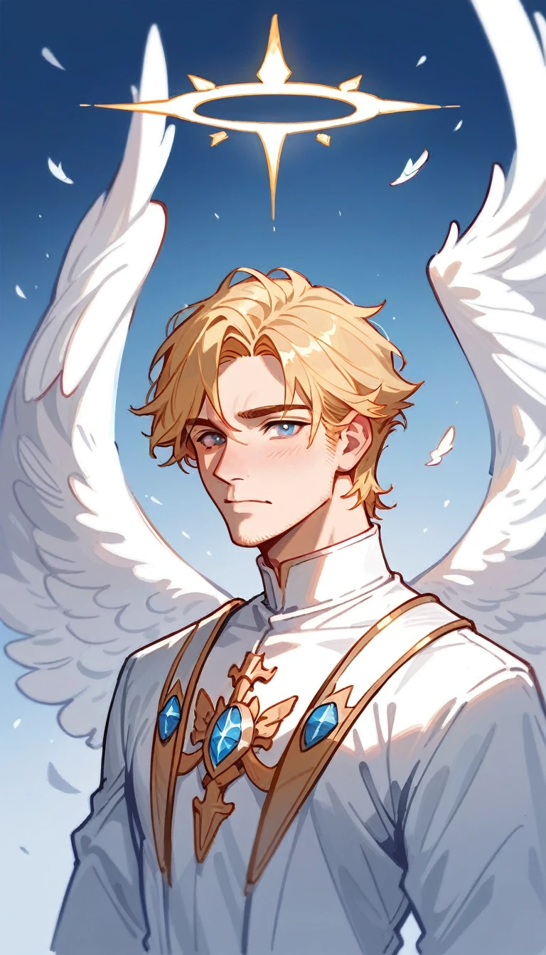 1 man, solo, archangel, white golden hair, silver gleaming armor, angelic, white halo, feathered wings, pale, calm expression, handsome, powerful pencil sketch, portrait