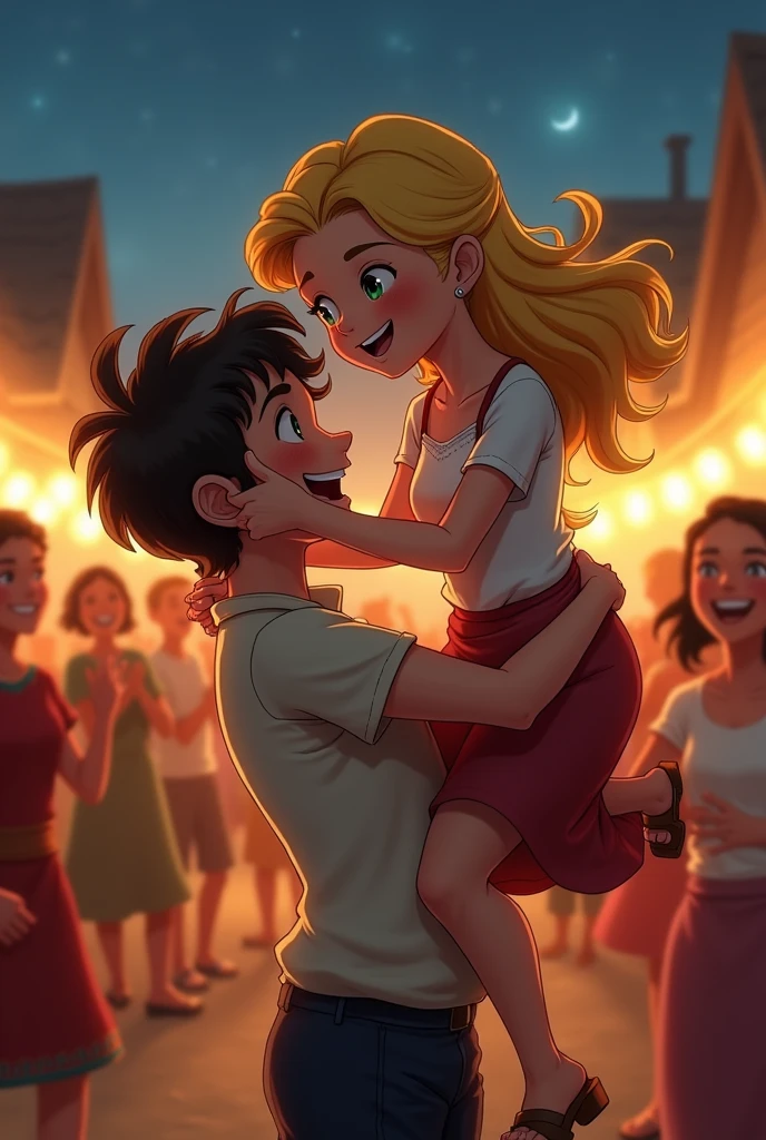 A boy with black hair and sparkling honey-green eyes holding a blonde-haired girl above his head. Night scene partying in a village with people laughing in the background but the couple is the main character.
