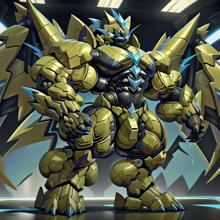 (zeraora, 8K), (zeraora's giant robot, Powered exoskeleton with the same design as zeraora), (Masterpiece, highres) (Detailed head, Detailed Body, Detailed abs, full body) (gigantic muscles, Gigachad Muscular, big muscle, pecs, triceps, traps, unusually developed muscular body, body full of huge muscles. showing off muscles, pectorales enormes, Exaggeratedly huge muscles.) (nj5furry, The claws are sharp, Sharp teeth, sharp claws), (long legs), (Spread wings, It has wings, have big wings, golden wings), (It has wings, whole body shines like metal, Wearing cyberpunk mecha, emphasizes the muscles, suit fully made of metal, intricate armor, Robotic suit, suit fully made of metal, cyborg. golden armor), (golden hyper penis), menacing pose, no face. wearing a full-face helmet. 