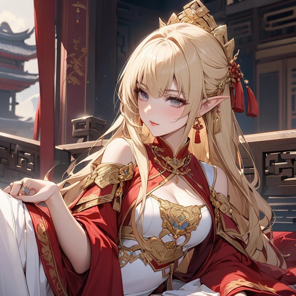 ((Best Quality)), ((masterpiece)), (detailed), （Perfect Face）、The woman is Seras Ashlain, a high elf with medium-long blonde hair, dressed in ancient Chinese court attire, adorned with luxurious jewelry and an engagement ring.