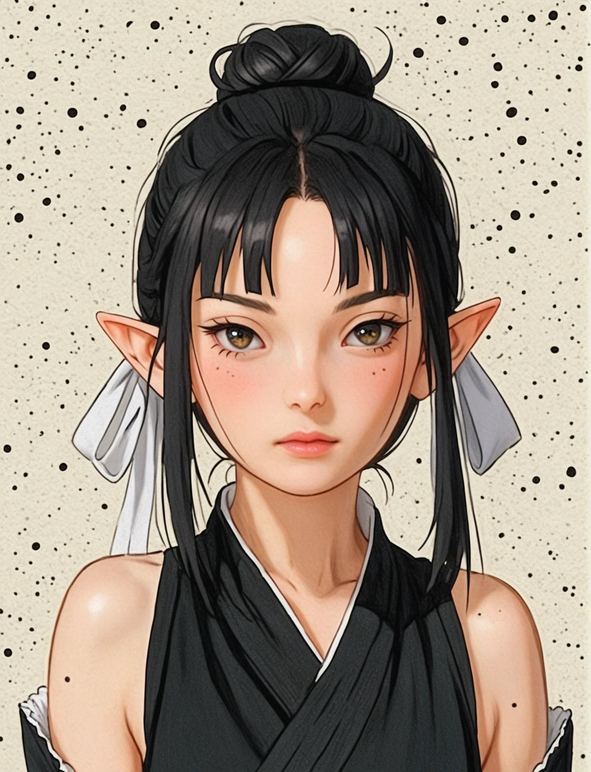 Create a digital illustration of a female character with elf ears with round dots instead of eyebrows. For the hairstyle, she should have black hair styled into a single bun at the back of her head, complemented by asymmetrically chopped bangs that transition into a long lock on one side. Her outfit should match short hakama with detached sleeves and frills under the shorts and the sleeves, in a gothic style, featuring intricate white lace patterns, detailed cutouts, and a white obi with a black seigaiha black pattern. The upper part of the outfit should be a sleeveless kimono blouse. The outfit should include layered skirts and ribbon details to emphasize a similar aesthetic. Add a muted background that complements her striking attire and hairstyle. Artwork in the style of guweiz, digital art inspired by the style of Ilya Kuvshinov.