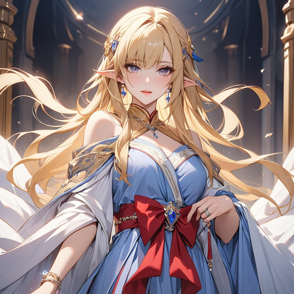 ((Best Quality)), ((masterpiece)), (detailed), （Perfect Face）、The woman was Seras Ashlain, a high elf with medium-long blonde hair, dressed in a gorgeous Hanfu outfit, adorned with gorgeous jewelry and an engagement ring.