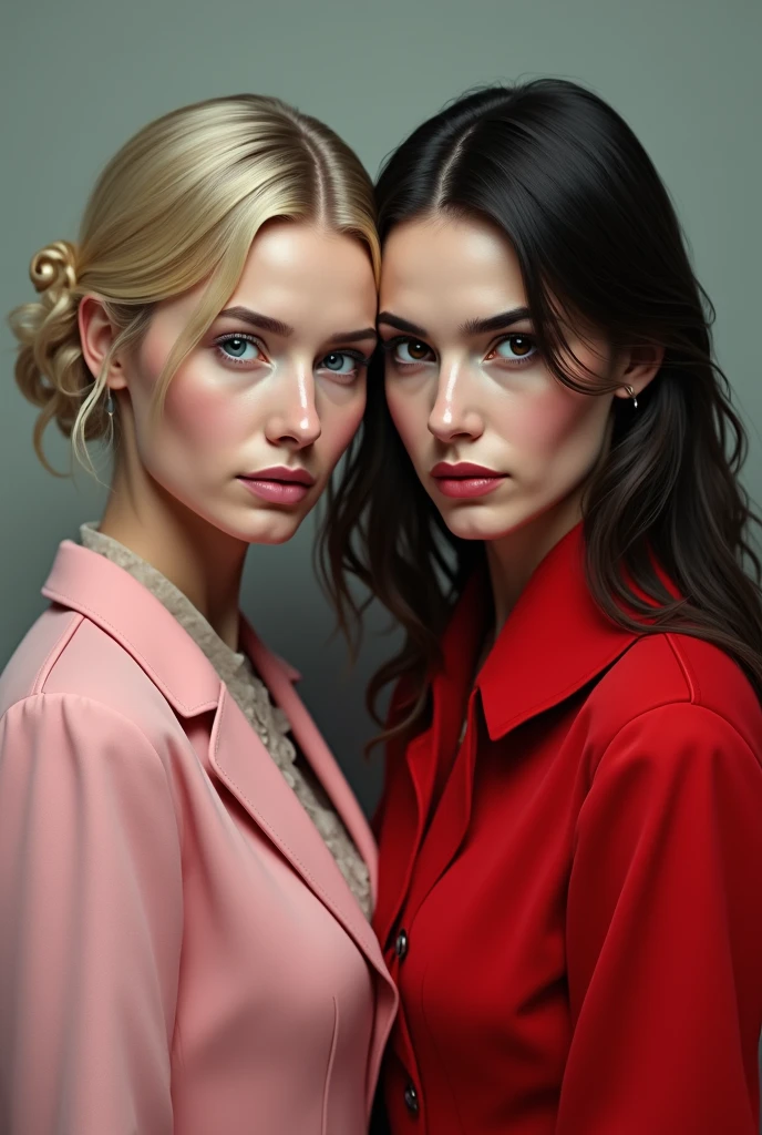 One with black military hair, a blonde woman with a red blouse, a brunette woman in a pink blouse