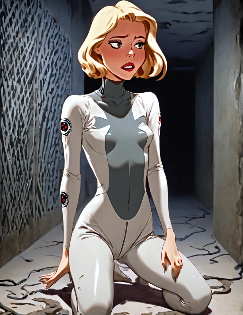  There is a very thin anorexic  short haired blonde woman who  is kneeling with ger legs together. The woman  is wearing a gray sci-fi body suit with fingers and toes. Her suit is dirt with patches of faded brown seen on the suit.The anorexic  woman has an horrified expression on her face. The anorexic woman has sunken in cheeks. A bright white orb of energy is in font of the anorexic woman.. . She is in a dark scifi hallway that is barely lit up. 