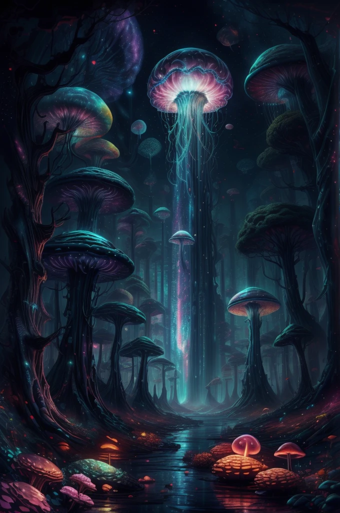 jellyfish swimming in a pine forest with magic mushrooms, starry sky and nebulae, digital art, psychedelic theme, vivid colors, saturated colors