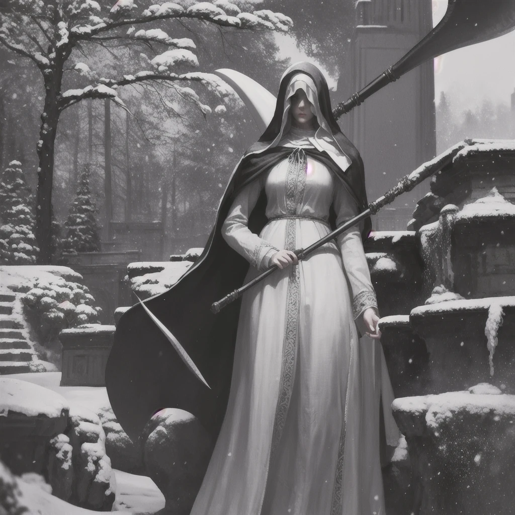 Sister_Friede
masterpiece, best quality, absurdres, outdoors, snow, castle, holding scythe