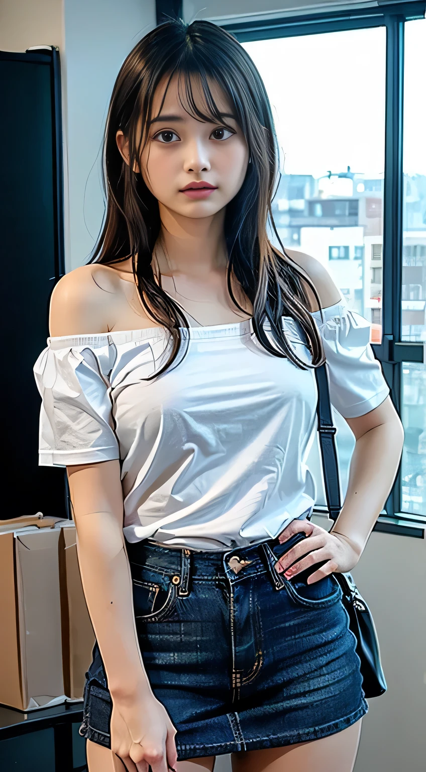 Very detailed CG Unity 8k wallpaper、highest quality、Very detailed、masterpiece、reality、reality、Very detailedなかわいい女の子、18-year-old、(Japan people in uniform)、((White short sleeve buttoned cotton shirt:1.5))、((A woman wearing a white short-sleeved off-the-shoulder shirt:1.4))、((Shooting from the front:1.4))、((Stand in an empty room:1.4))、((Standing confused:1.4))、blush、Cleft lip、Looking at the audience、((Cowboy Shot:1.4))、((Navy Blue Denim Mini Skirt:1.5))、((straight medium long hair:1.7))、(Beautiful Face:1.3)、(Perfect balance:1.2)、(Long legs:1.2)、(Small breasts:1.3)、((Upper Body))、((Model pose:1.4))、Angle from below、reality、((See-through:1.7))、