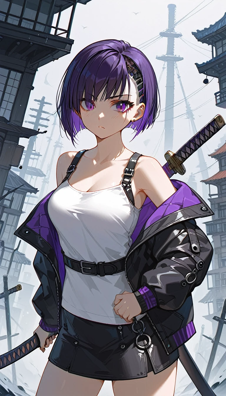 purple silver bob cut, purple eye, White Shirts, put on a off shoulder black open hoodie, black slit skirt, leather belt, iaidow, weapon, katana, holding sword, ready to draw, cyber punk
Score_9,Score_8,score_7_up,source_anime, rating_questionable,outdoors, 1girl, solo, looking at viewer,