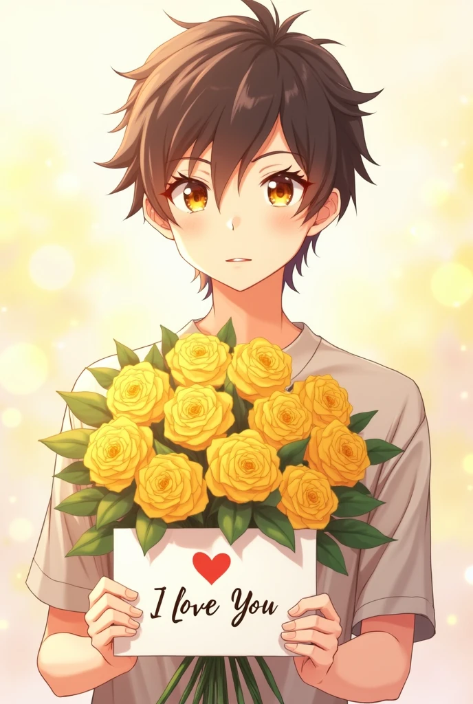 An anime style male character holding a bouquet of yellow roses and a ...