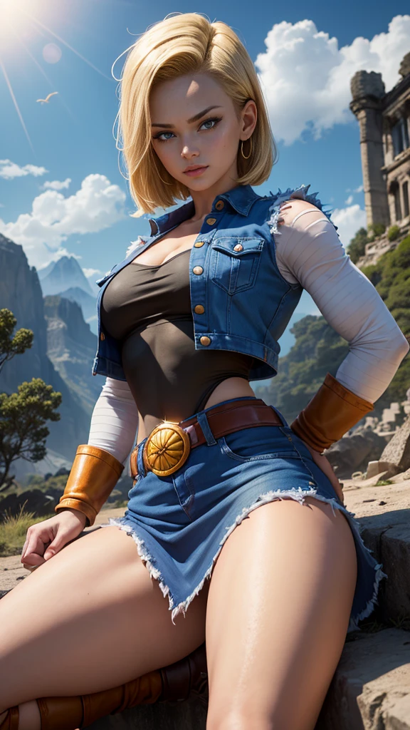 Android 18 da dragon ball,(best qualityer,4K,8k,high resolution,work of art:1.2)(weather: windy), mountain road background, battle ruins, wide hips, thick thighs, short curly hair, blonde hair, black strapless top, tight mini skirt, brown boots, denim vest, earrings, pantyhose, flirting pose, ultra detailed,portrait,realistic,beautiful detailed blue eyes, beautiful detailed lips,extremely detailed eye and face, long eyelashes,average, medium breasts,flying hair,beaming smile, sexy smile,powerful girl, bright coloured, dramatic lighting, dirty body,