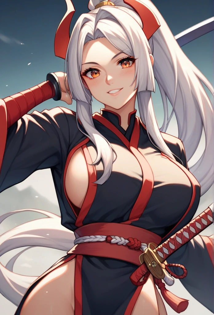 score_9, score_8_up, score_7_up, score_6_up, uncensored, olgamarie, yellow eyes, white hair, long hair, side braid, naughty face, shiny skin, sweating, steaming body, heavy breathing, BREAK (masterpiece:1.2), best quality, high resolution, unity 8k wallpaper, (illustration:0.8), (detailed eyes:1.3), extremely detailed face, perfect lighting, extremely detailed CG, (perfect hands, perfect anatomy), lips, outfit-tsubaki, breast curtain, red skirt, red sailor collar, elbow gloves, 1girl, ass, sword, weapon, looking_at_viewer, looking_back, solo, breasts, katana,