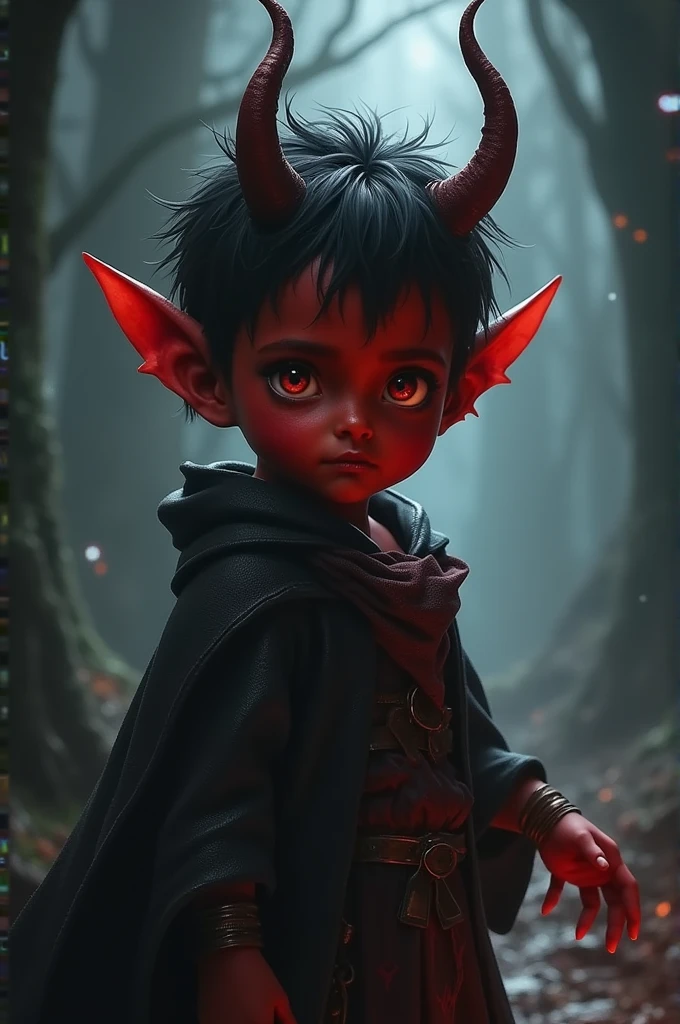 Cute devil boy, red eyes, horns, black fluffy hair, toned body, tight underwear