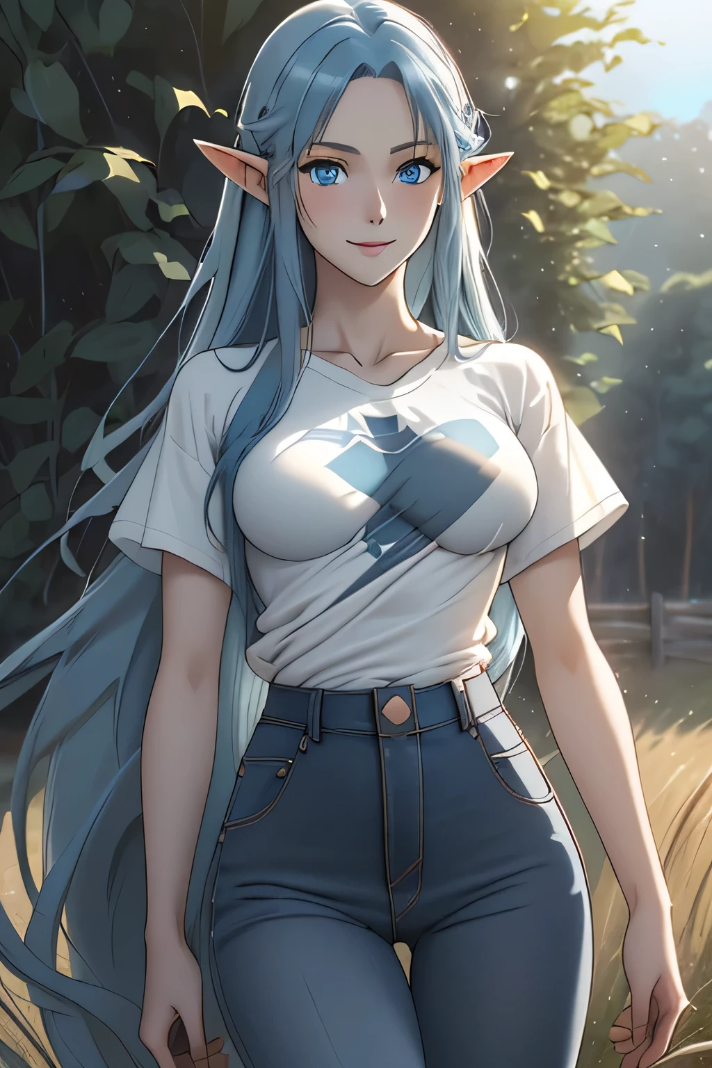 close up 1girl in, photo of Asuna, Yuuki Asuna, Solo, (straight blue hair, very long blue hair, (blue eyes: 1.2), (perfect clear skin, pale skin, detailed skin, medium breasts, round breasts, perfect body, skinny, thin), (thin hips, thin waist: 1.25), neutral face, cute smile, elf ears, (wearing an biggie oversized thin t-shirt, oversized graphic tee, Capri jeans, Blue jeans:1.1), walking through a Hayfield, farm background, Waves of hay, (realistic photo, best quality, detailed), (8k wallpaper), (cinematic lighting, beautiful light, (day:1.3)) (sharp focus, intricate), (dslr, realistic, looking at viewer, sharp focus, delicate, soft colors, cinematic)
