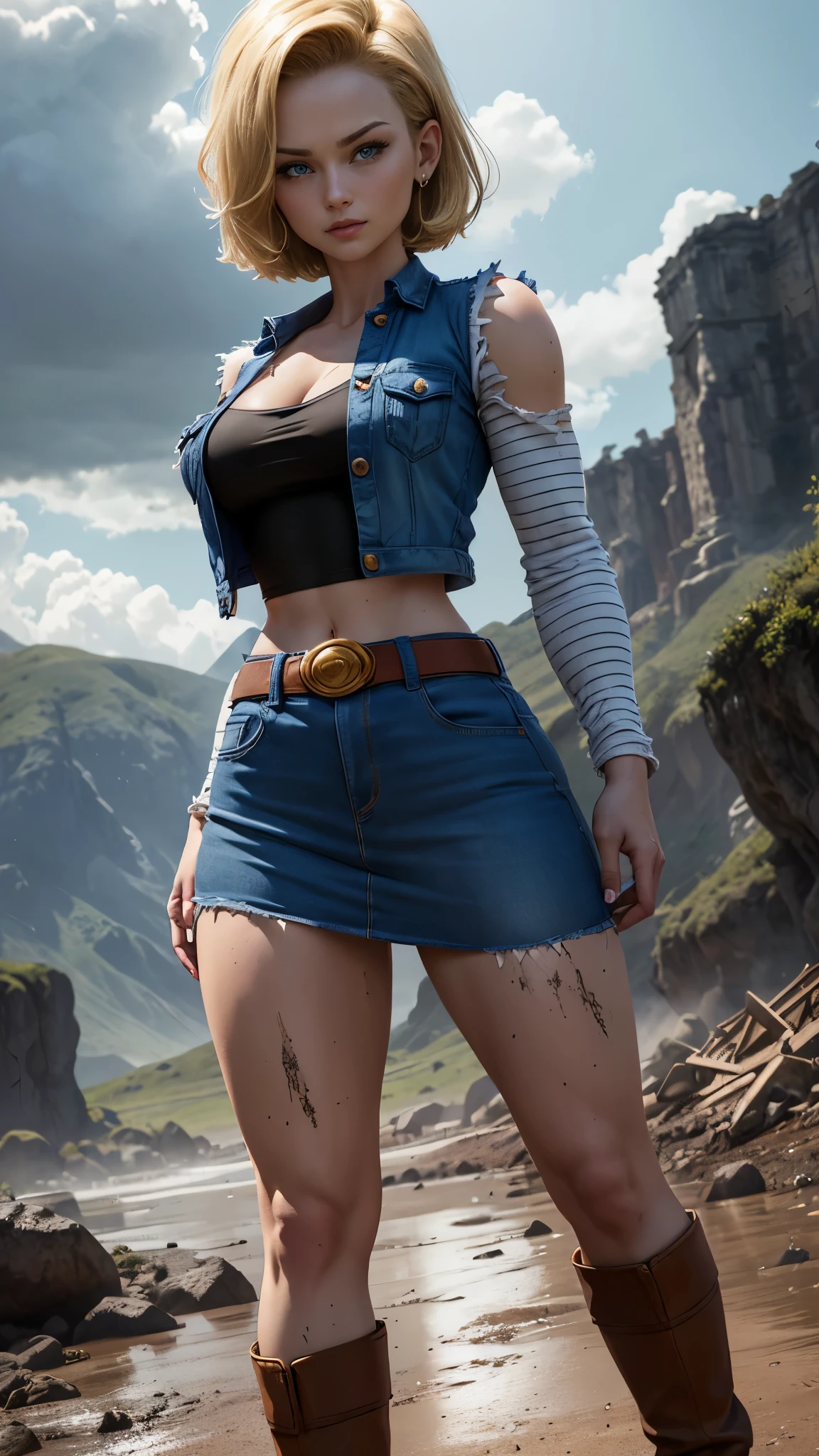 Android 18 da dragon ball,(best qualityer,4K,8k,high resolution,work of art:1.2)(weather: windy), mountain road background, battle ruins, wide hips, short curly hair, blonde hair, black strapless top, tight mini skirt, brown boots, denim vest, earrings, pantyhose, flirting pose, ultra detailed,portrait,realistic,beautiful detailed blue eyes, beautiful detailed lips,extremely detailed eye and face, long eyelashes,average, medium breasts,flying hair,beaming smile, sexy smile,powerful girl, bright coloured, dramatic lighting, torn clothes, muddy body,