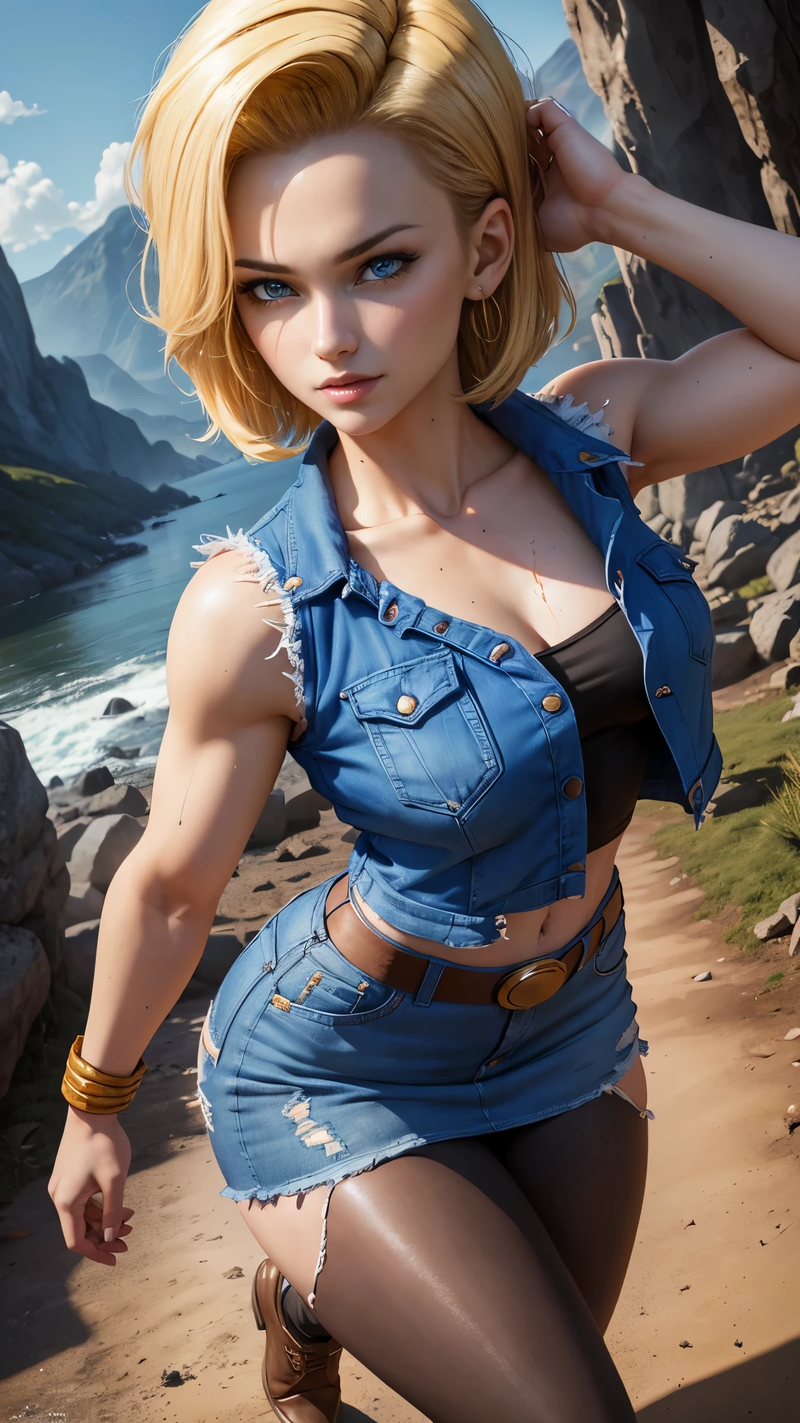 Android 18 da dragon ball,(best qualityer,4K,8k,high resolution,work of art:1.2)(weather: windy), mountain road background, battle ruins, wide hips, short curly hair, blonde hair, black strapless top, tight mini skirt, brown boots, denim vest, earrings, pantyhose, flirting pose, ultra detailed,portrait,realistic,beautiful detailed blue eyes, beautiful detailed lips,extremely detailed eye and face, long eyelashes,average, medium breasts,flying hair,beaming smile, sexy smile,powerful girl, bright coloured, dramatic lighting, torn clothes, muddy body,