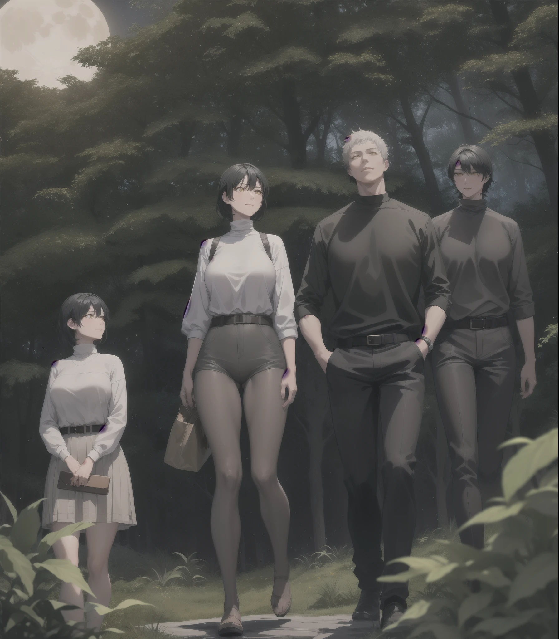 masterpiece, Best Quality,One girl,(Alone:1.2),Mature Woman, Yukiko Minase walking in the forest,[Black Hair:Green Hair:25] Huge breasts ,Short Hair, Yellow Eyes,Black turtleneck sweater,  belt,nature, wilderness, Vegetation, darkness, moon, Looking forward to it, smile, Dutch Angle, From below,
, Arms crossed,
