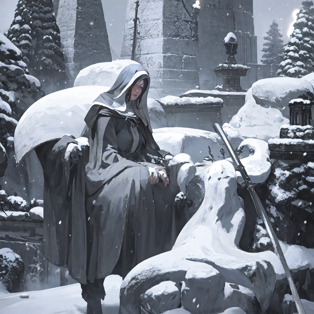 Sister_Friede
masterpiece, best quality, absurdres, outdoors, snow, castle, holding scythe