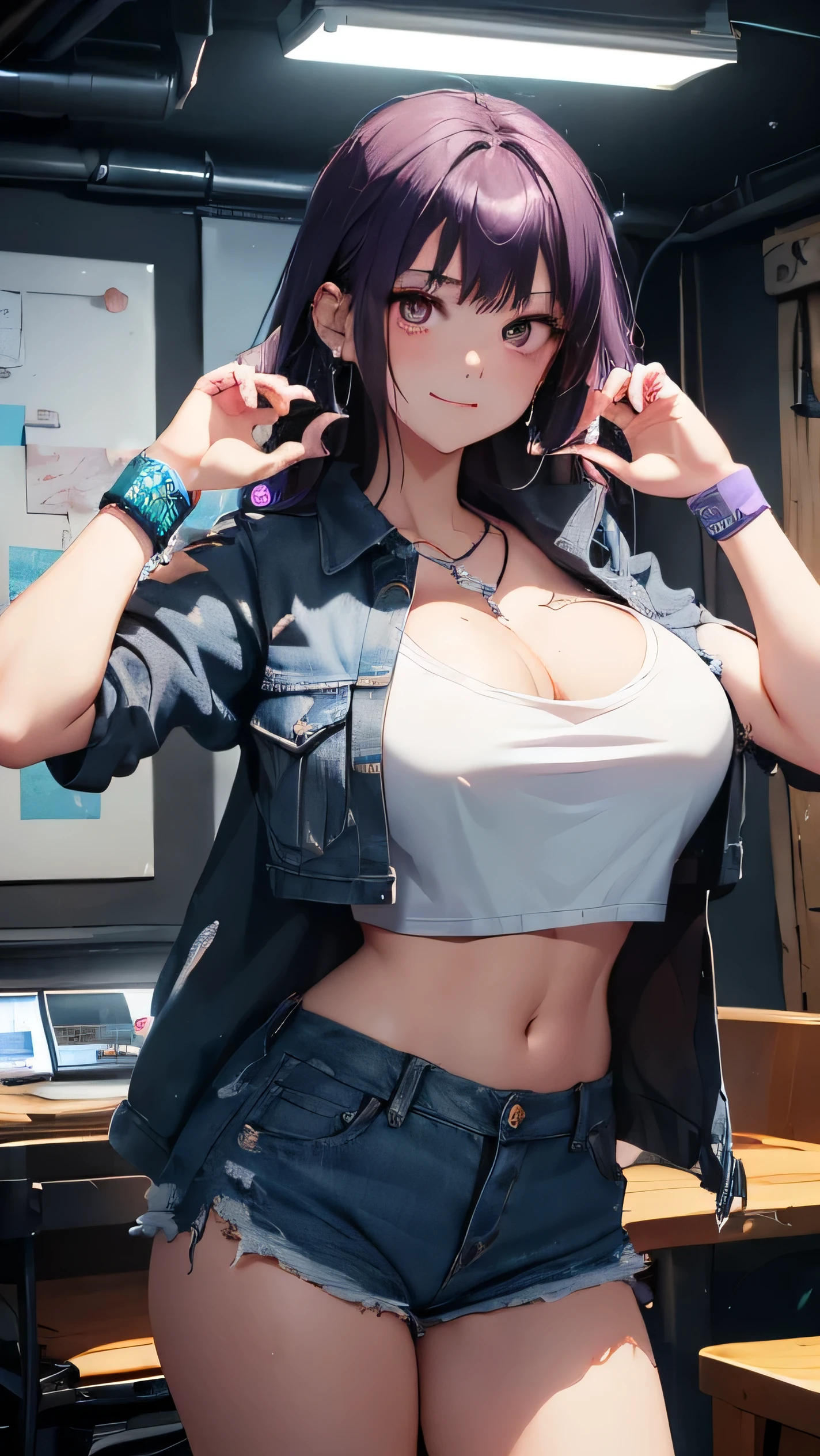 最high quality、best image quality、masterpiece、girl((20-year-old、 By becoming、vest bust、(large breasts:1.2),wide open breast tea、Shining eyes, purple hair、long hair、thin,highest valley、、distressed denim shorts、black belly button shirt、Damaged Denim Jacket、smile, diamond earrings、Wristband、necklace,bubble gum、yankee pose)),high quality、beautiful art、background((Hacker Room、underground、neon lighting))、flight、debris flies、Depth of written boundary、movie、visual art、perfect art、8K,genuine、