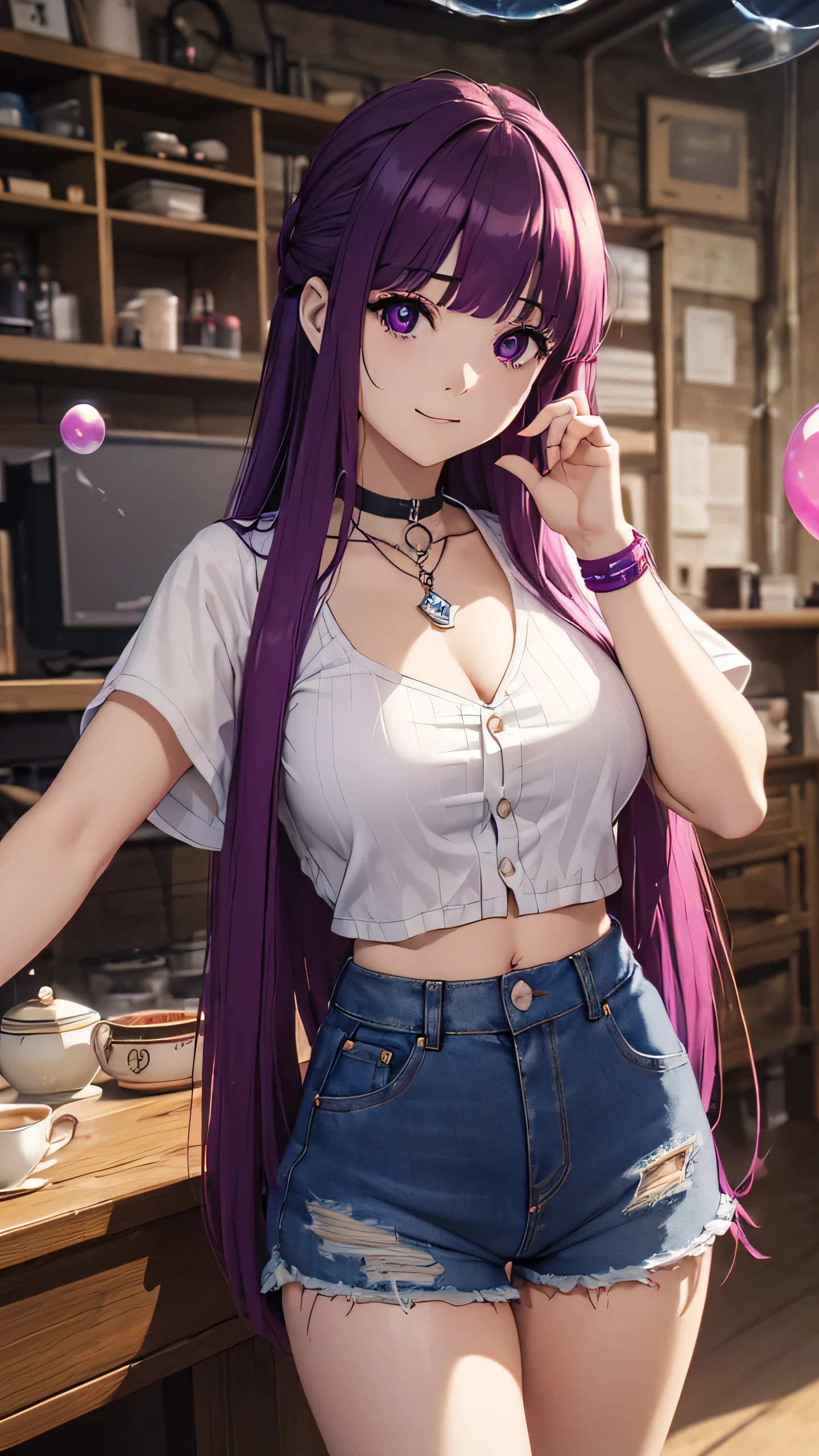 最high quality、best image quality、masterpiece、girl((20-year-old、 By becoming、vest bust、(large breasts:1.2),wide open breast tea、Shining eyes, purple hair、long hair、thin,highest valley、、distressed denim shorts、black belly button shirt、Damaged Denim Jacket、smile, diamond earrings、Wristband、necklace,bubble gum、yankee pose)),high quality、beautiful art、background((Hacker Room、underground、neon lighting))、flight、debris flies、Depth of written boundary、movie、visual art、perfect art、8K,genuine、