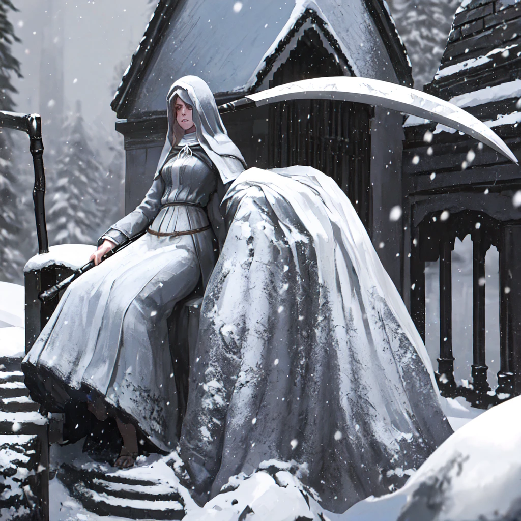 Sister_Friede
masterpiece, best quality, absurdres, outdoors, snow, castle, holding scythe