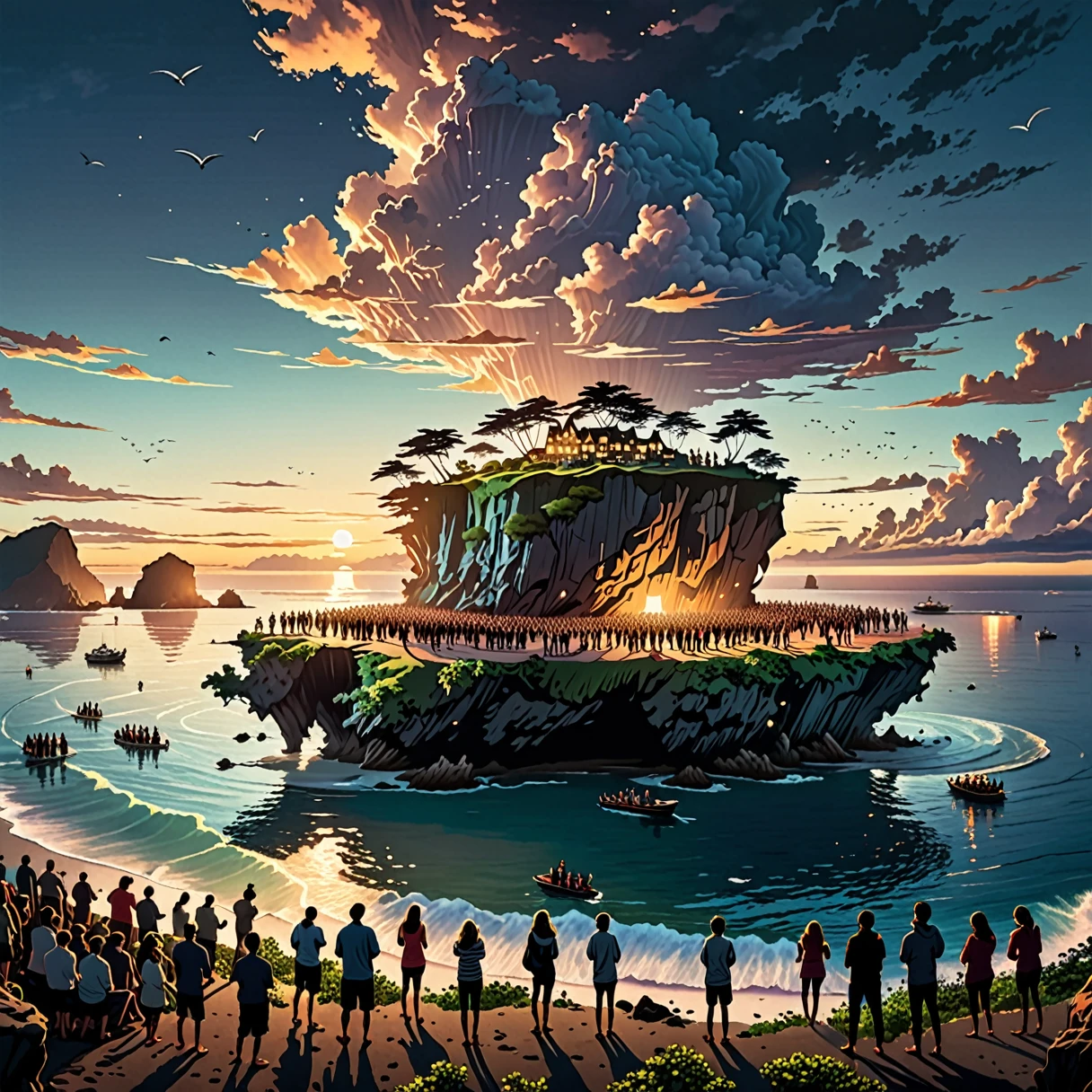 a crowd of people gazing in awe at a large landmass-like floating island in the evening sky, the floating island over the sea, people gathered on the coastal shore at dusk pointing excitedly at the island, curious onlookers, people trembling in fear, people fleeing, people running out to the coastline, a chaotic shoreline scene