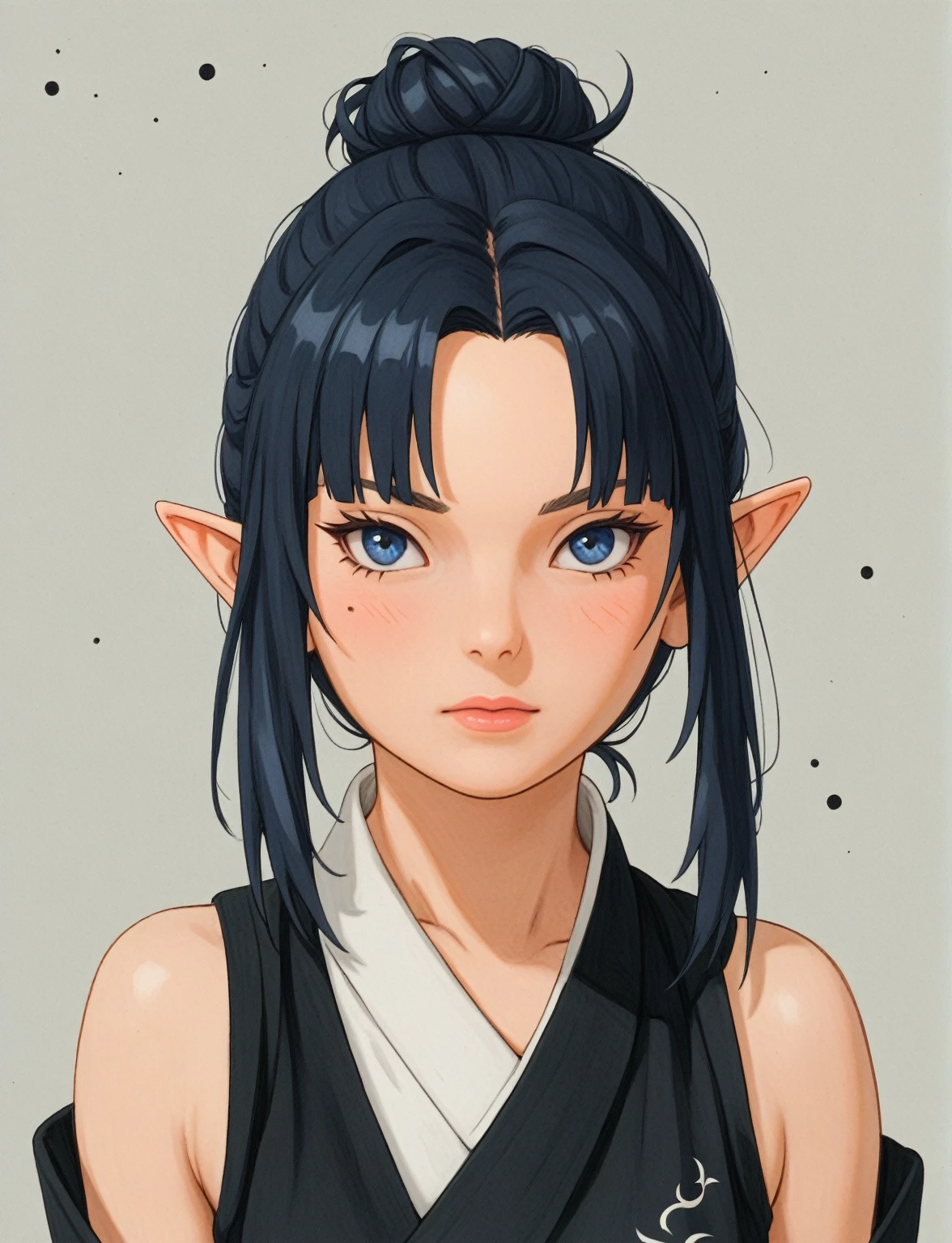 Create a digital illustration of a female character with elf ears with round dots instead of eyebrows. For the hairstyle, she should have black hair styled into a single bun at the back of her head, complemented by asymmetrically chopped bangs that transition into a long lock on one side. Her outfit should match short hakama with detached sleeves and frills under the shorts and the sleeves, in a gothic style, featuring intricate white lace patterns, detailed cutouts, and a white obi with a black seigaiha black pattern. The upper part of the outfit should be a sleeveless kimono blouse. The outfit should include layered skirts and ribbon details to emphasize a similar aesthetic. Add a muted background that complements her striking attire and hairstyle. Artwork in the style of guweiz, digital art inspired by the style of Ilya Kuvshinov.