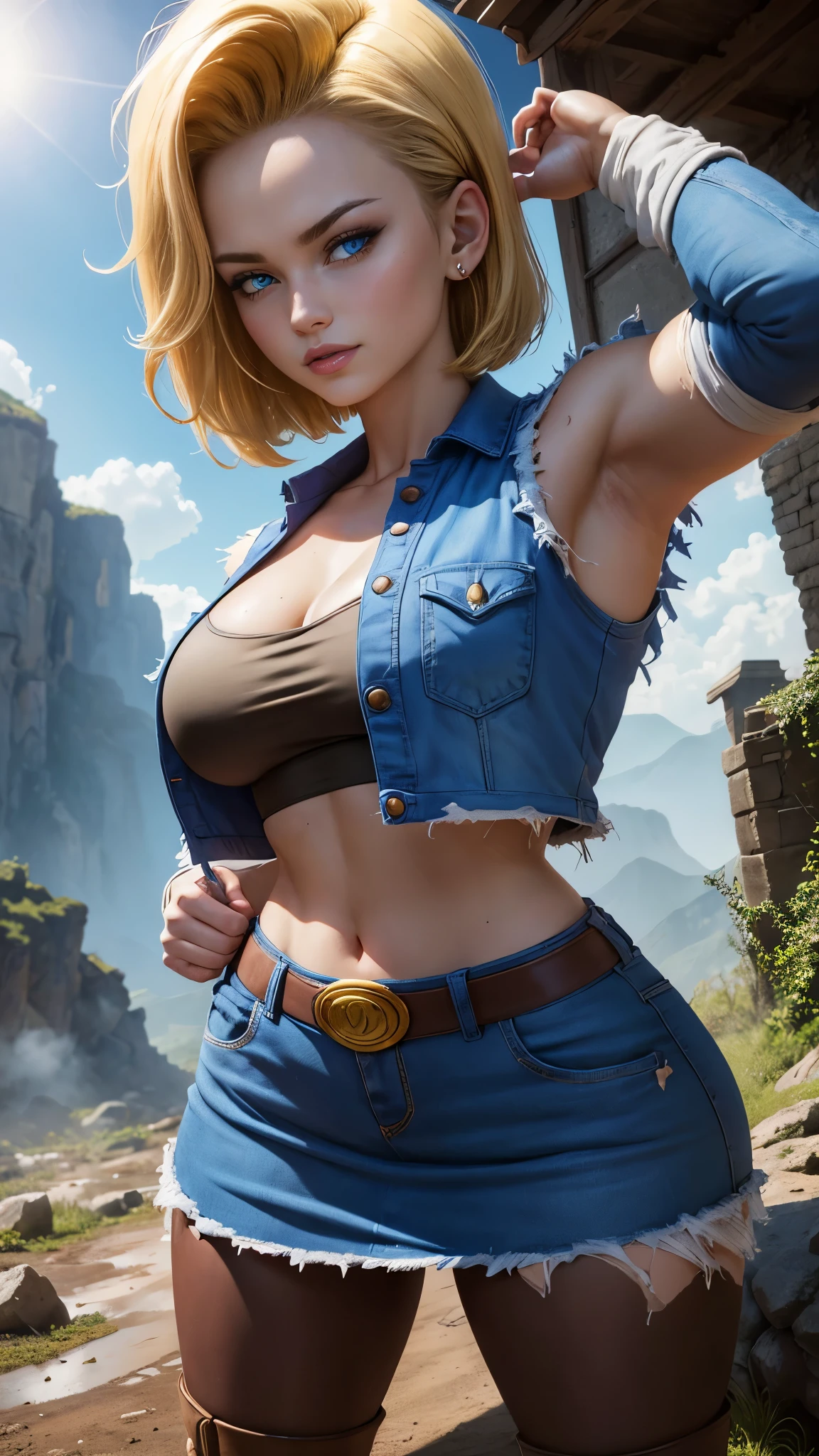 Android 18 da dragon ball,(best qualityer,4K,8k,high resolution,work of art:1.2)(weather: windy), mountain road background, battle ruins, wide hips, short curly hair, blonde hair, black strapless top, tight mini skirt, brown boots, denim vest, earrings, pantyhose, combat pose, ultra detailed,portrait,realistic,beautiful detailed blue eyes, beautiful detailed lips,extremely detailed eye and face, long eyelashes,average, large breasts,flying hair,beaming smile, sexy smile,powerful girl, bright coloured, dramatic lighting, torn clothes, muddy body,