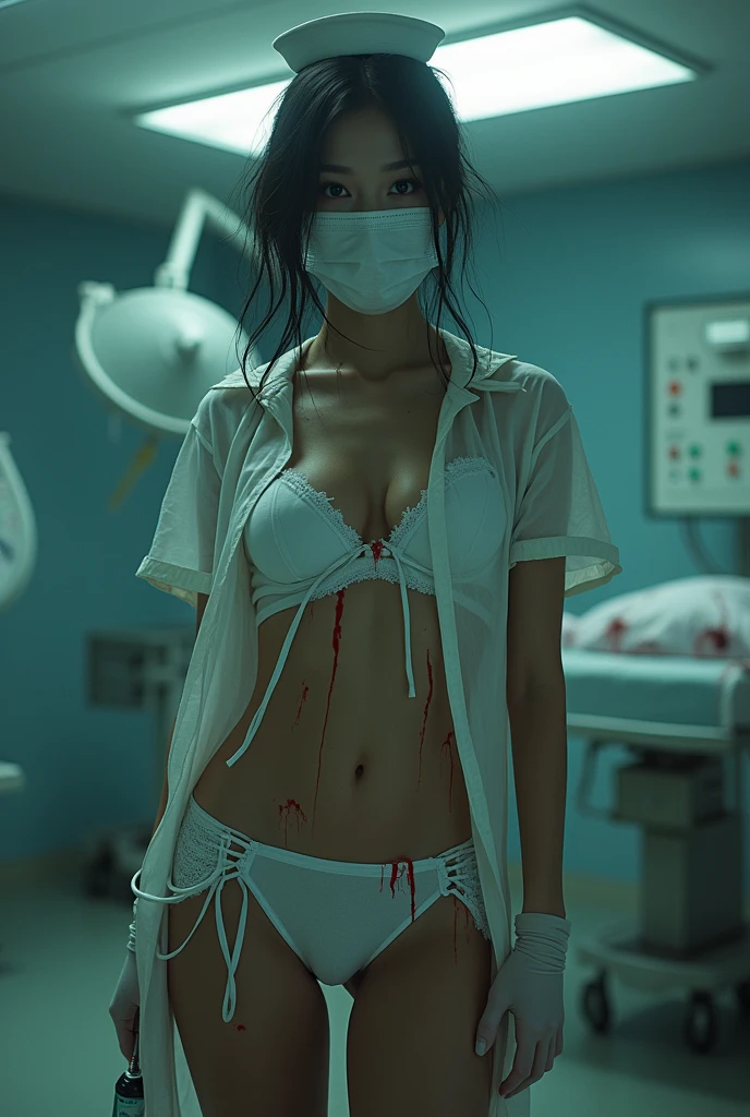 (Highest quality)、live-action、Sticking out a long tongue、かなりSticking out a long tongue、Snake Tongue、Squat pose、Showing off her shaved pussy with her legs spread in an M-shape、Open your legs to your thighs、Wearing black pantyhose、Thigh muscular、Breast Exposure、short hair、monster、a dark twisted silent hill nurse, beautiful detailed eyes, beautiful detailed lips, extremely detailed face and skin, long eyelashes, sinister expression, tattered bloody nurse uniform, hospital gown, medical equipment, ominous lighting, dark shadows, gritty industrial setting, horror atmosphere, moody color palette, dramatic chiaroscuro lighting, (best quality, 4K, 8K, highres, masterpiece:1.2), ultra-detailed, (realistic, photorealistic, photo-realistic:1.37), highly detailed, cinematic, dramatic composition