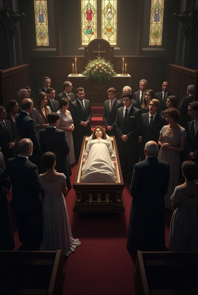 a lady in a coffin and her family prays to her