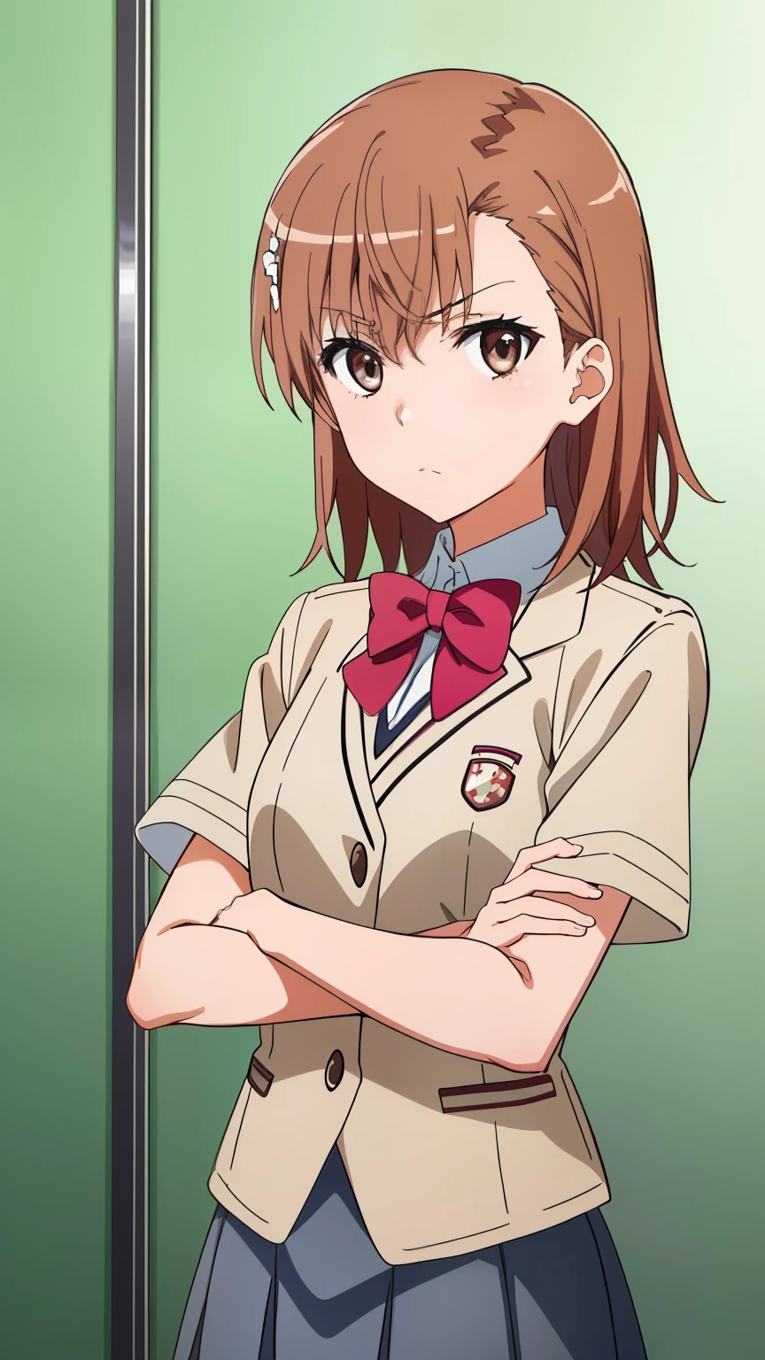 (((pixel-perfect, detail-perfect))), solo, 1girl, misaka mikoto, tokiwadai school uniform, Grey mini skirt, bow, looking at viewer, crossed arms, closed mouth, Cowboy shot,