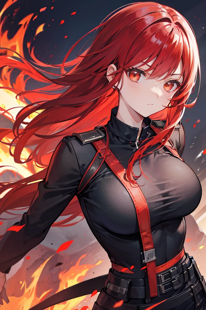 A girl with crimson red hair and maroon eyes with a black and red shirt that covers her whole torso and sweatpants and big breasts smiling and a background with volcanoes and fire