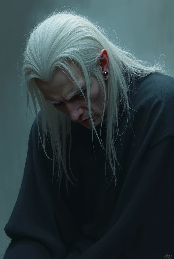 Young white man with white hair back, sitting on rubble, his eyes crying blood year 1907