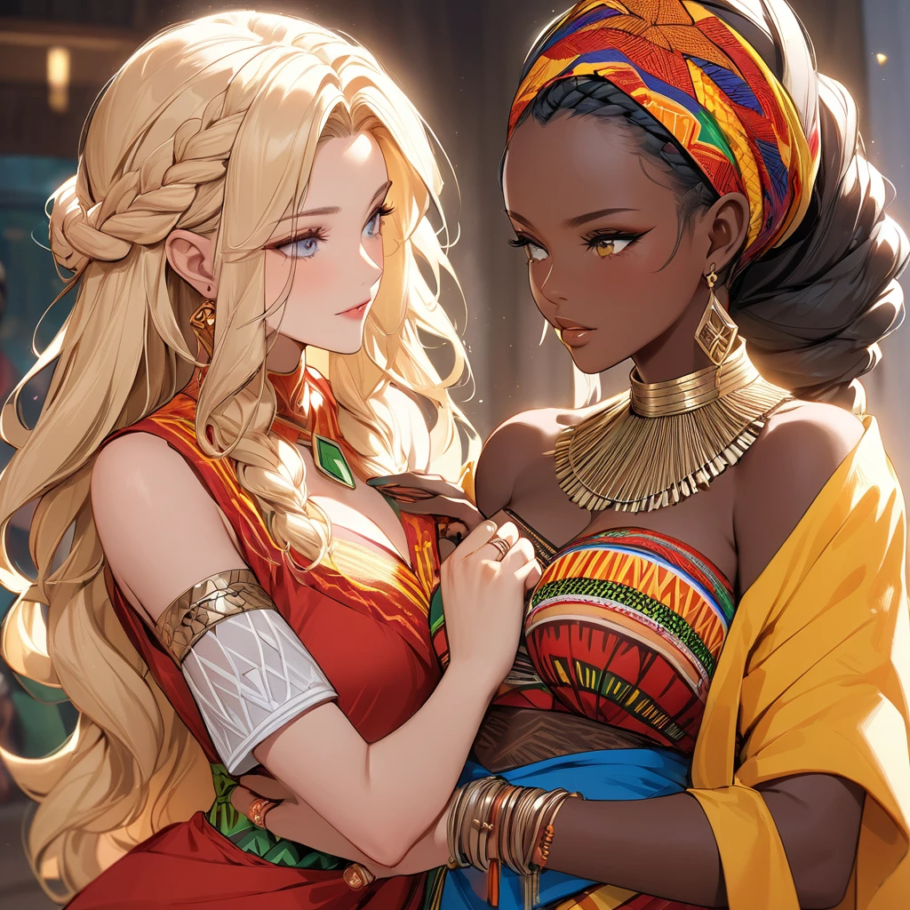 three women sitting kissing each other, realistic artstyle, the Black skinned women knowingly look at each about the sexual adventure they will take their white skinned friend, there are two sets of legs per girl, the white skinned girl with blond and in the center - she is nude and aroused, the girls off center are big boned black skinned African women with short finger wave hairstyle., they are holding her leg or arm, casual pose, the flanking girls want to kiss the white skinned girl in the center, realistic style, official fanart, realism artstyle, hyperrealistic teen, high quality fanart, background artwork, calmly conversing 8k, realistic art style, relaxed poses, 3 young and beautiful women, detailed realistic expressions, realistic picture a black skinned girl is kissing white skinned girl's neck, wet and parted lips, align torso with the legs, she looks into your eyes and tells you "looks what i am doing to your girlfriend."