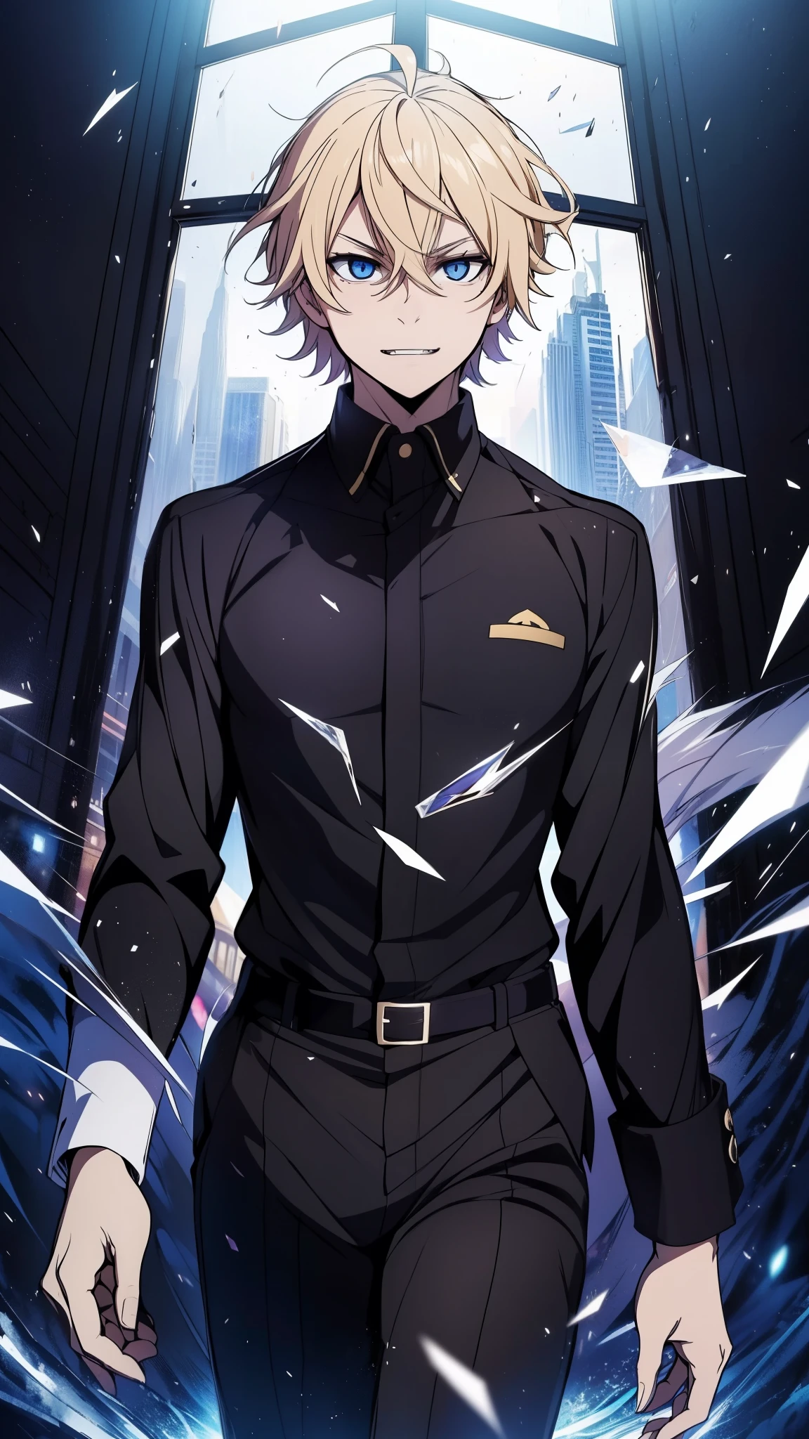 (high-quality, breathtaking),(expressive eyes, perfect face) 1boy, male, solo, ager, satoru gojo hairstyle, strawberry blonde hair color, flowy floating hair, bright blue eye color, short hair length, looking at viewer, half body, ((crazy open mouth smile with fangs)), (extremely happy) dark black blue long sleeved shirt, collared shirt, ((dark black blue dress pants)), jujutsu kaisen uniform, jujutsu high school uniform, flowy hair, , portrait, stylized hairstyle, (Activating domain expansion), (floating hair), character focus, ((black light)),((dark lighting)), cinematic lighting ,(darkness), (concept art), (glowing eyes), high resolution, extremely detailed CG unity 8k wallpaper, ((masterpiece)), ((top-quality)), (beautiful illustration), (sky scrapper windows background), (busting out of a skyscrapper background) (In the sky background) (breaking glass background), (glass shards flying towards camera) (Falling pose), (Guess Face Smile), (yandere)