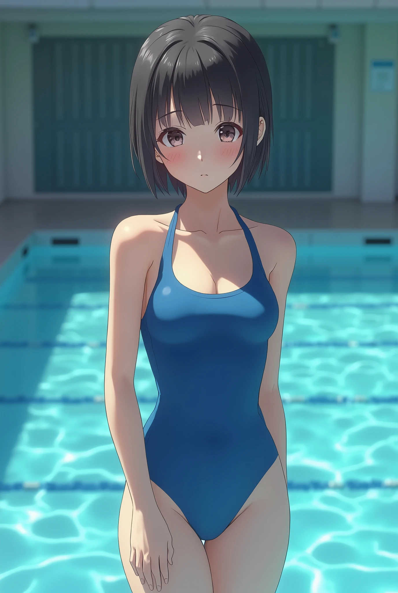 1人の女性、3d anime、kawaii、18year old、Lustrous hair、Bob Hair、Random Poses、Random attire、Being at sea、wearing a swimming wear、Wearing a school swimsuit、Laughing、Getting into the school pool、Swimming Lessons、