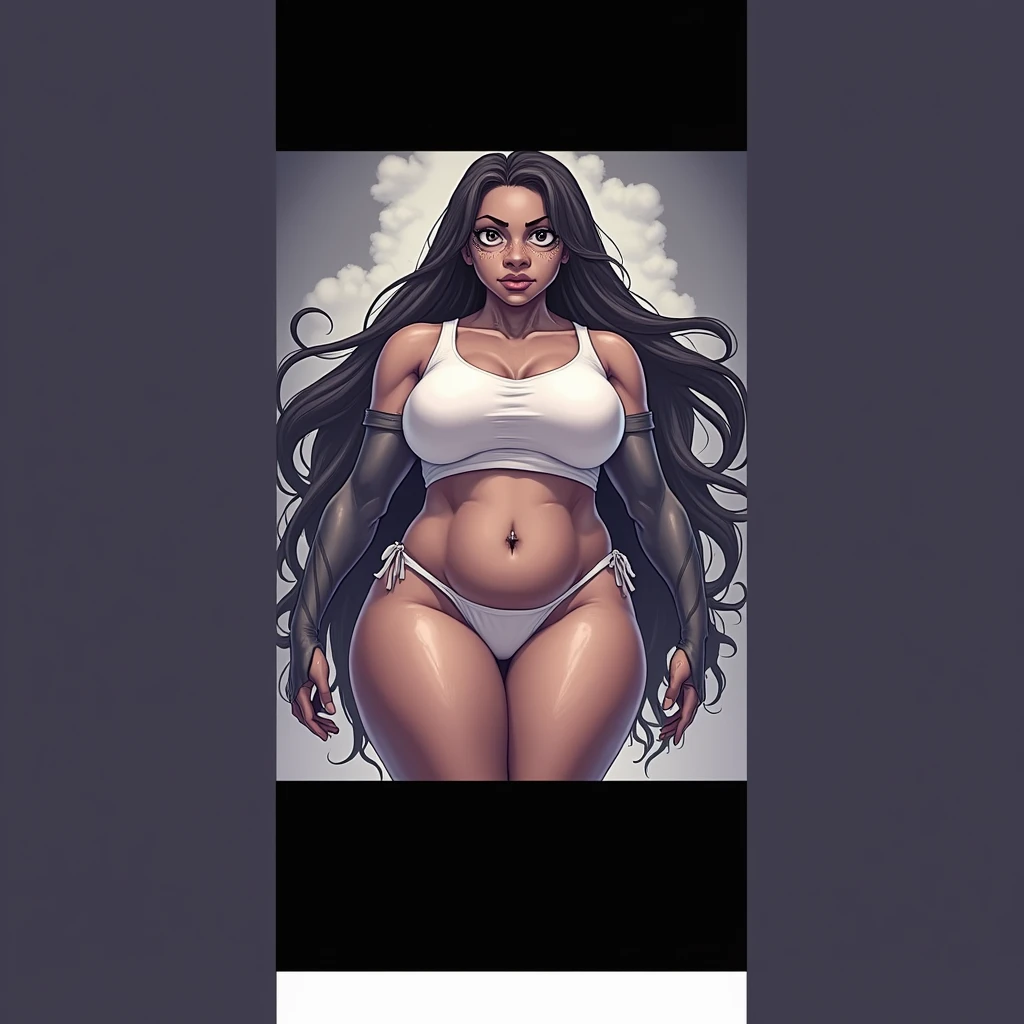 A waterfall dragging super long hair on the ground, towering woman, muscular, huge breasts, super wide hips, abs, thick legs, super long legs, exaggerated body proportions, full-body shot, super high heels, demon corner, overhead shot