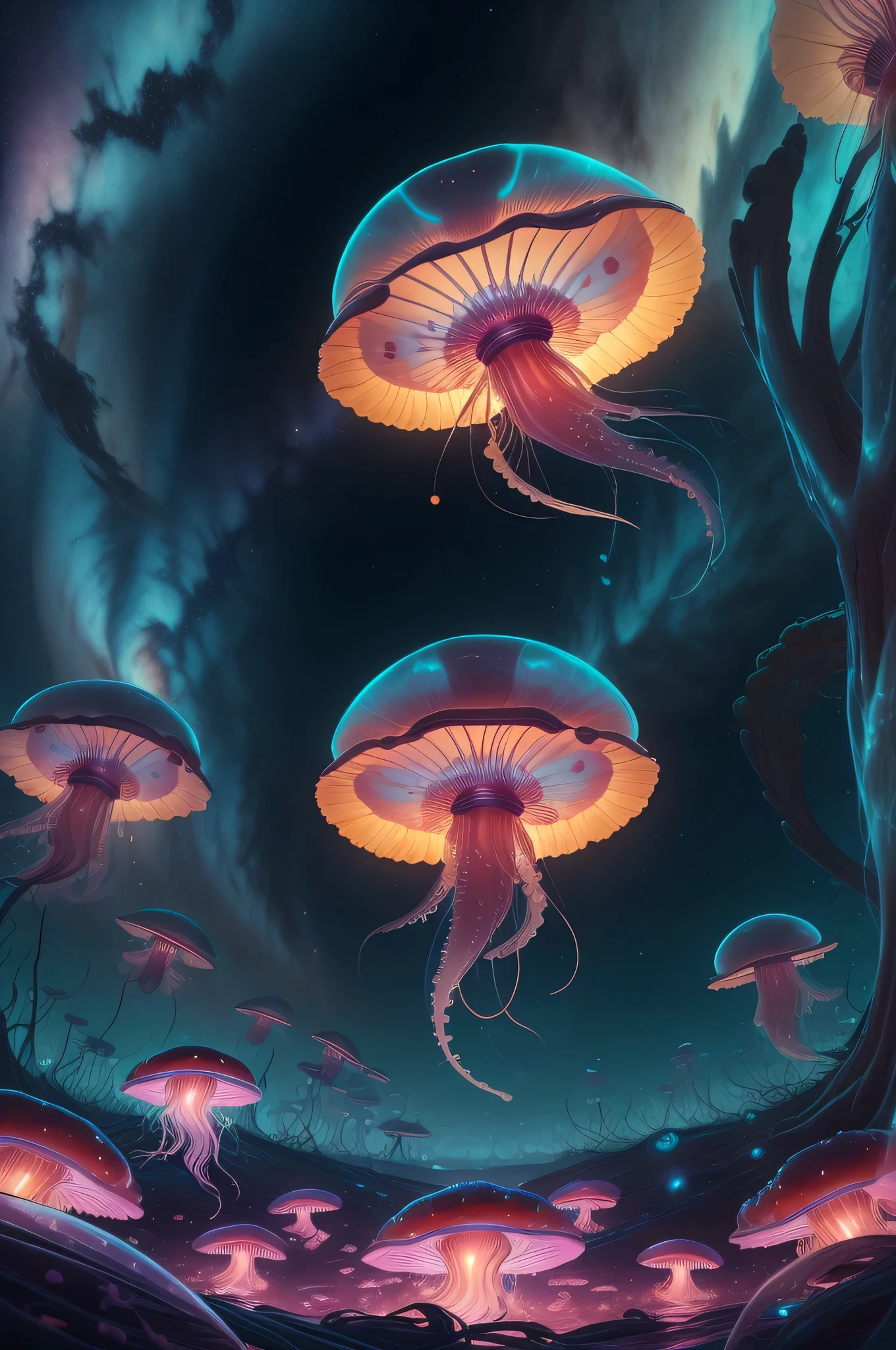 jellyfish swimming in a pine forest with magic mushrooms, starry sky and nebulae, digital art, psychedelic theme, vivid colors, saturated colors